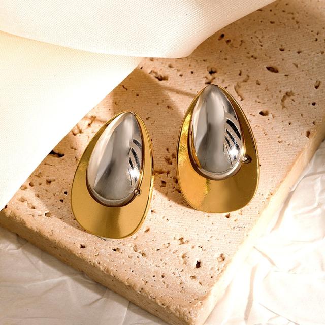 Two tone hot sale flower leaf drop shape stainless steel earrings