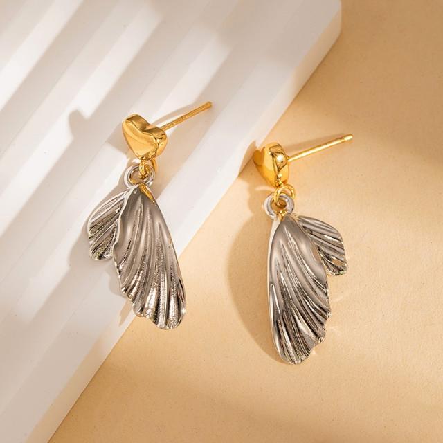 Two tone hot sale flower leaf drop shape stainless steel earrings