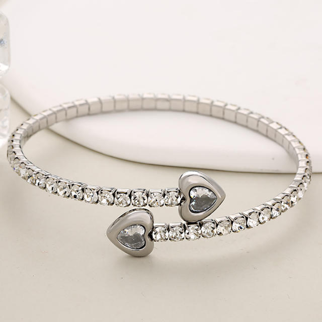 Luxury full diamond heart elastic stainless steel bangle