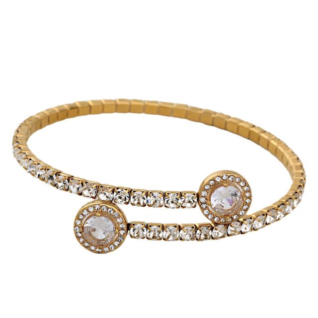 Fashion Single Row Crystal Zirconium Inlaid Round Full Diamond Open Claw Chain Stainless Steel Bracelet