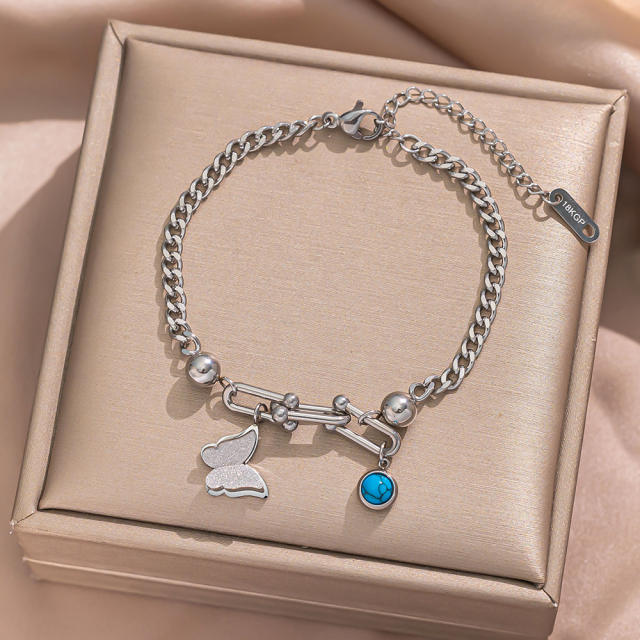 18KG turquoise stone bead butterfly heart clover charm stainless steel bracelet