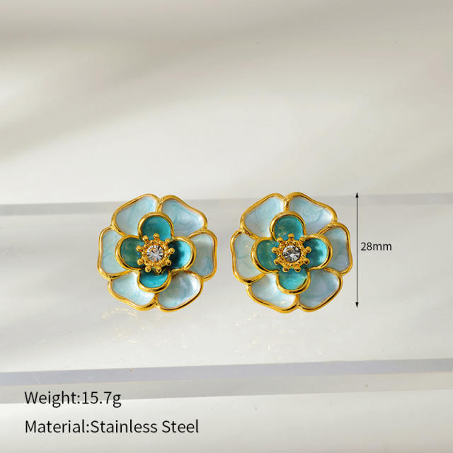 Colorful opal stone enamel flower stainless steel necklace earrings rings