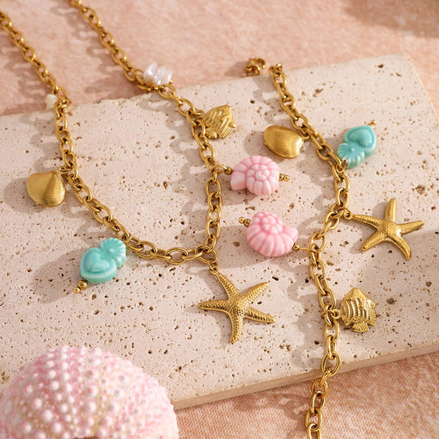 DIY Marine Fish stainless Steel Bracelet Starfish Ceramic Pendant necklace bracelet suit
