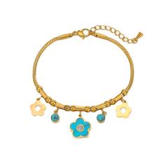 Green color enamel flower clover evil eye charm stainless steel bracelet