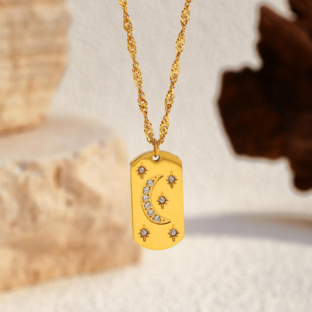 Hot sale diamond moon star geometric pendant stainless steel necklace