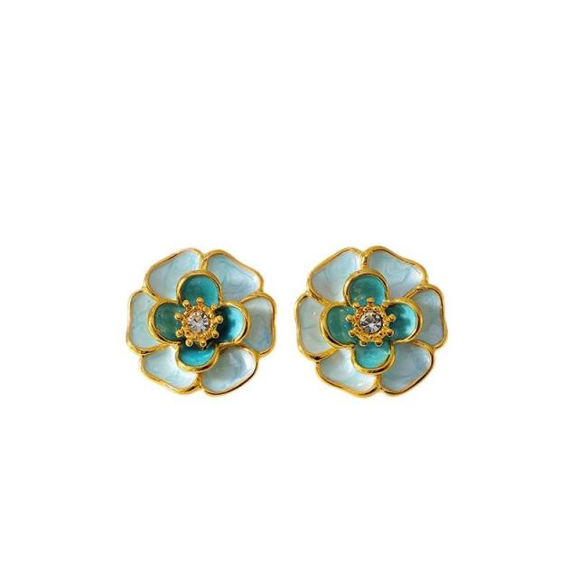 Colorful opal stone enamel flower stainless steel necklace earrings rings