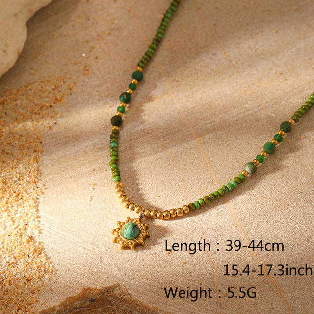 Natural Stone Beaded Crystal Pendant Necklace Stainless Steel necklace