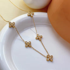 Simple diamond four leaf clover stainless steel necklace suit