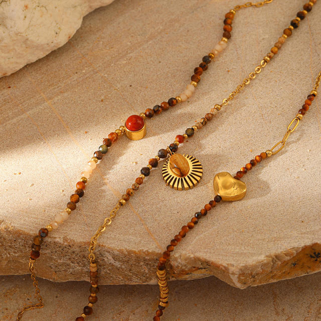 New Bohemian Style Natural Stone Beaded Necklace stainless steel necklace