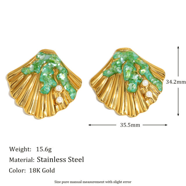 Stainless Steel Plated 18K Gold Drop Oil Shell Pearl Flower Five-pointed Star Earrings