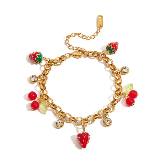 Summer fruit cherry strawberry charm stainless steel bracelet