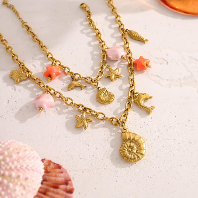 Holiday sea wind necklace dolphin shell conch sea star pendant stainless steel necklace suit