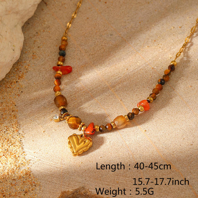 New Bohemian Style Natural Stone Beaded Necklace stainless steel necklace