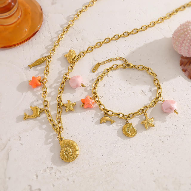 Holiday sea wind necklace dolphin shell conch sea star pendant stainless steel necklace suit