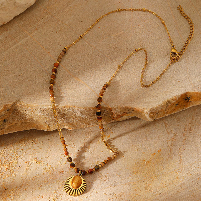 New Bohemian Style Natural Stone Beaded Necklace stainless steel necklace
