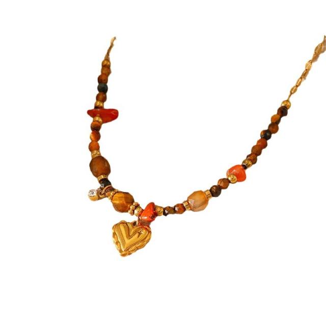 New Bohemian Style Natural Stone Beaded Necklace stainless steel necklace