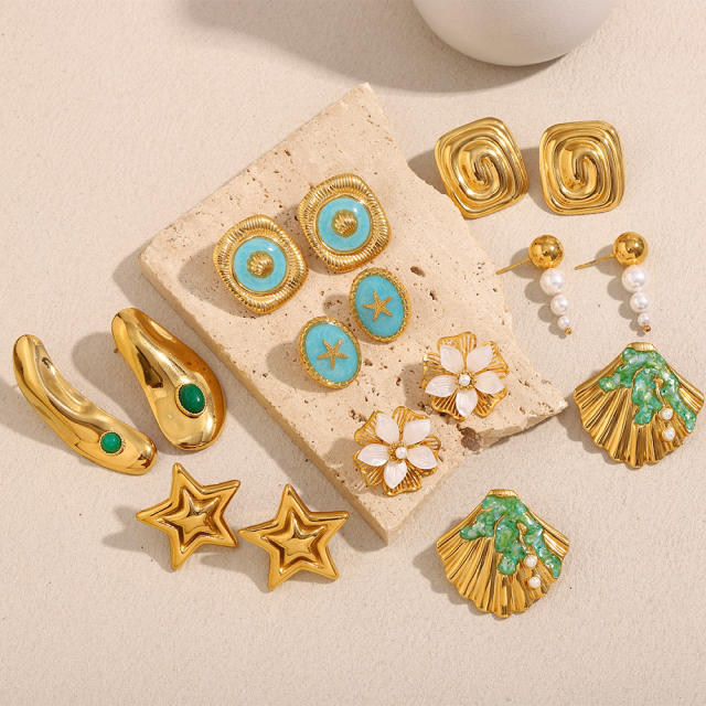 Stainless Steel Plated 18K Gold Drop Oil Shell Pearl Flower Five-pointed Star Earrings