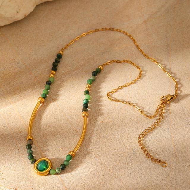 Natural Stone Beaded Crystal Pendant Necklace Stainless Steel necklace