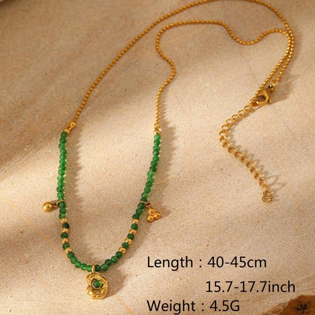 Natural Stone Beaded Crystal Pendant Necklace Stainless Steel necklace