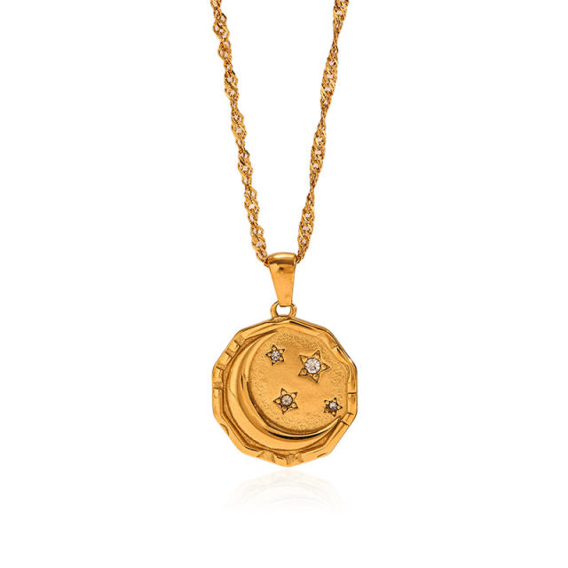 Hot sale diamond moon star geometric pendant stainless steel necklace
