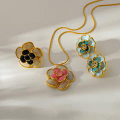 Colorful opal stone enamel flower stainless steel necklace earrings rings