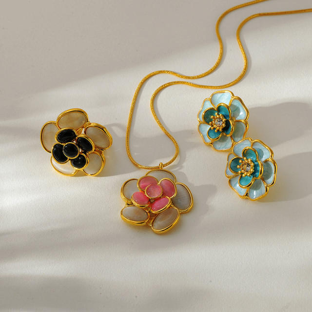 Colorful opal stone enamel flower stainless steel necklace earrings rings