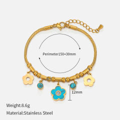 Green color enamel flower clover evil eye charm stainless steel bracelet