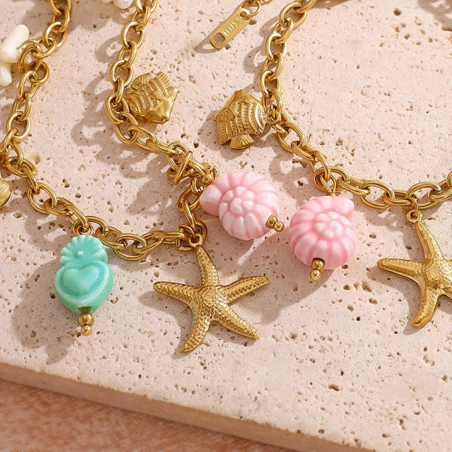 DIY Marine Fish stainless Steel Bracelet Starfish Ceramic Pendant necklace bracelet suit