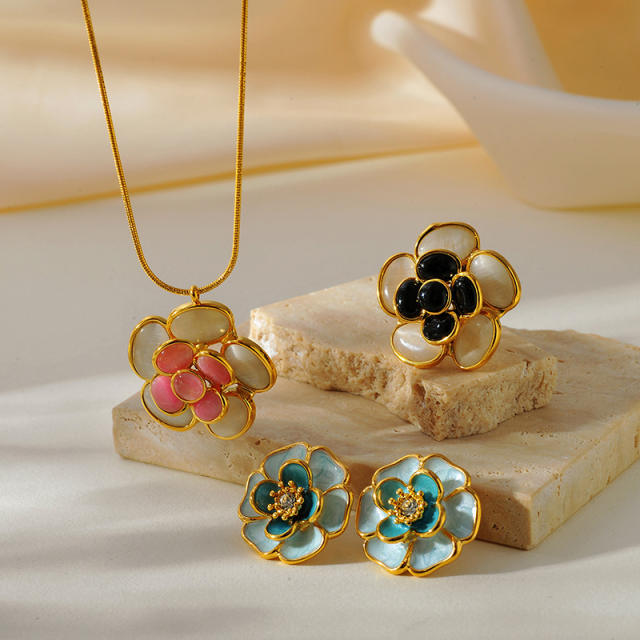 Colorful opal stone enamel flower stainless steel necklace earrings rings