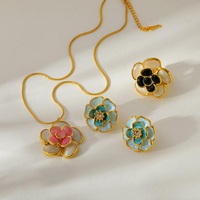 Colorful opal stone enamel flower stainless steel necklace earrings rings