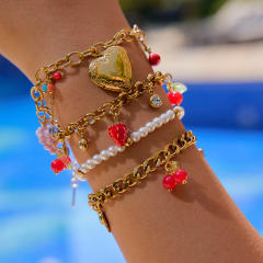 Summer fruit cherry strawberry charm stainless steel bracelet