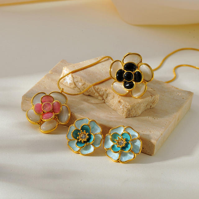 Colorful opal stone enamel flower stainless steel necklace earrings rings