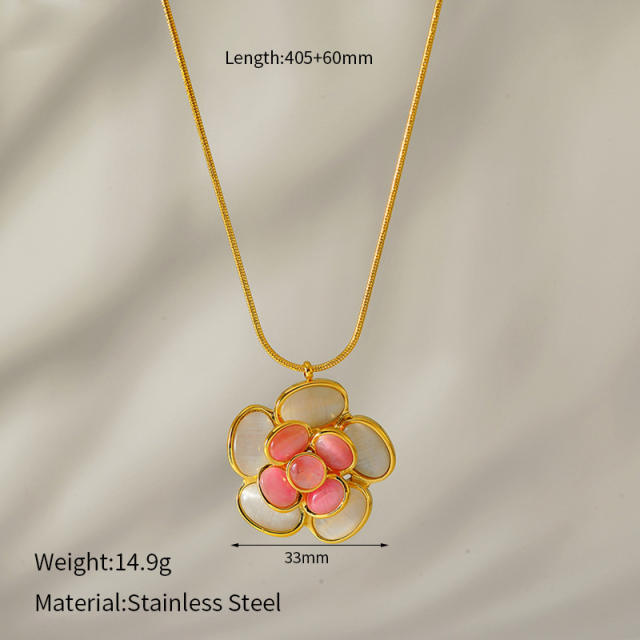 Colorful opal stone enamel flower stainless steel necklace earrings rings