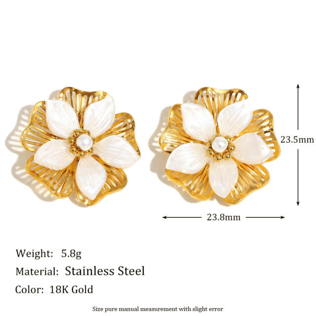 Stainless Steel Plated 18K Gold Drop Oil Shell Pearl Flower Five-pointed Star Earrings