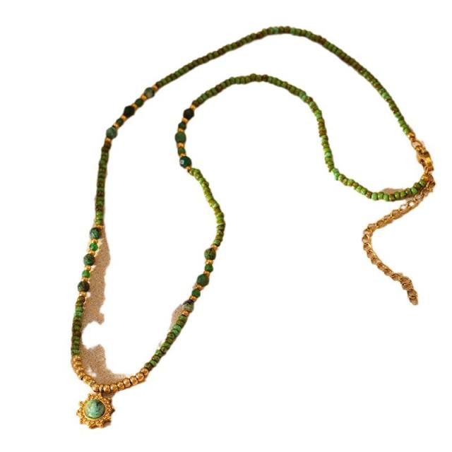 Natural Stone Beaded Crystal Pendant Necklace Stainless Steel necklace