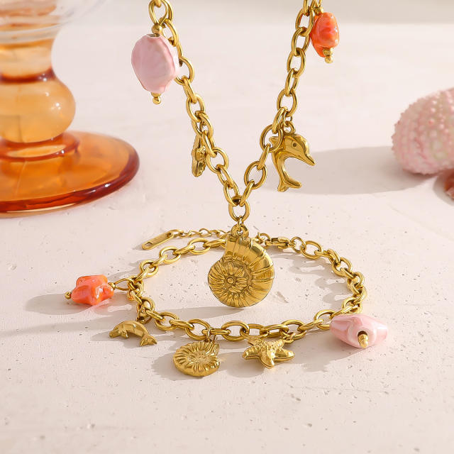 Holiday sea wind necklace dolphin shell conch sea star pendant stainless steel necklace suit