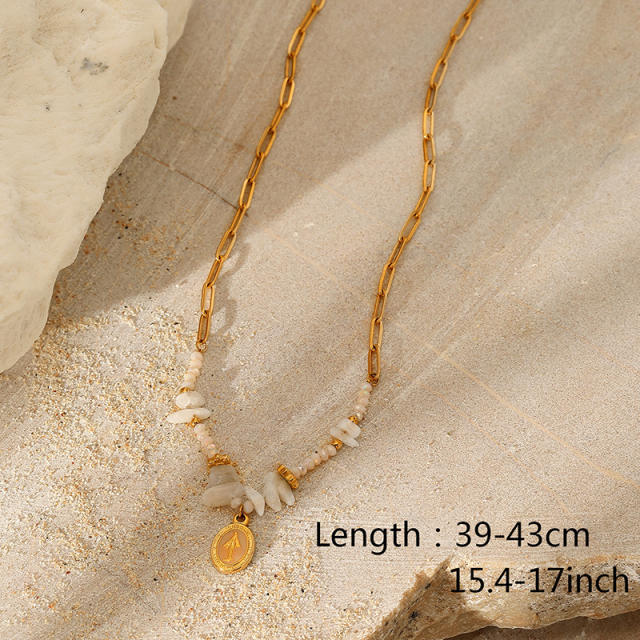 Fashion white marble natural stone beaded necklace stainless steel necklace