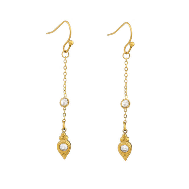 Delicate oval cubic zircon inlaid stainless steel earrings long earrings