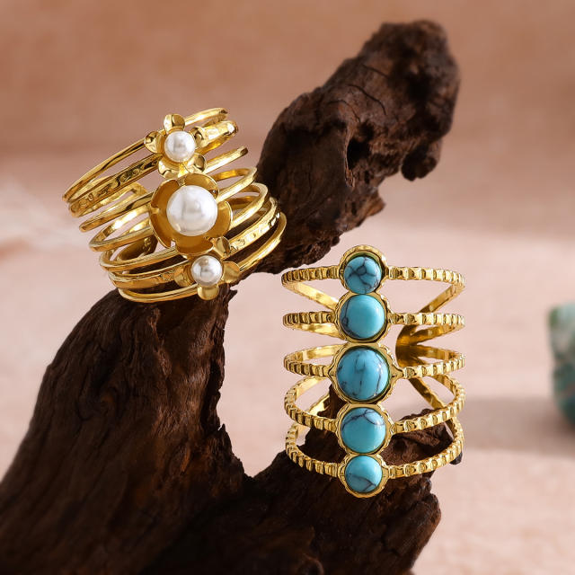 Vintage turquoise stone statement stainless steel rings