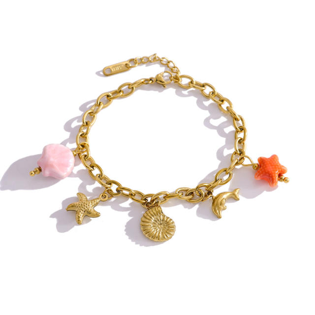 Holiday sea wind necklace dolphin shell conch sea star pendant stainless steel necklace suit