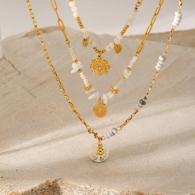 Fashion white marble natural stone beaded necklace stainless steel necklace