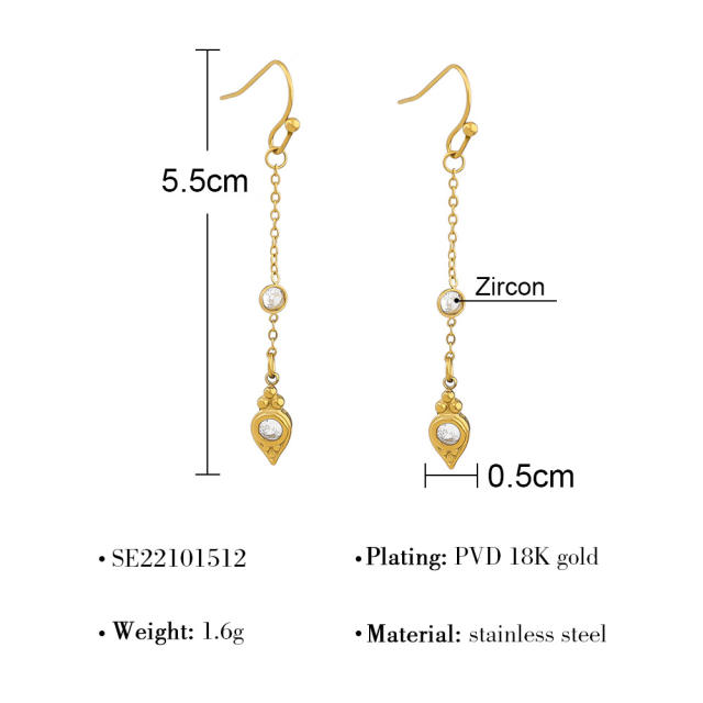 Delicate oval cubic zircon inlaid stainless steel earrings long earrings