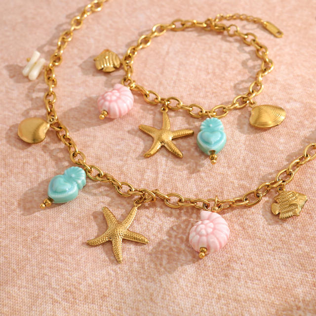 DIY Marine Fish stainless Steel Bracelet Starfish Ceramic Pendant necklace bracelet suit