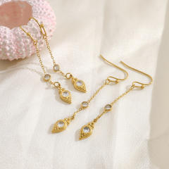 Delicate oval cubic zircon inlaid stainless steel earrings long earrings