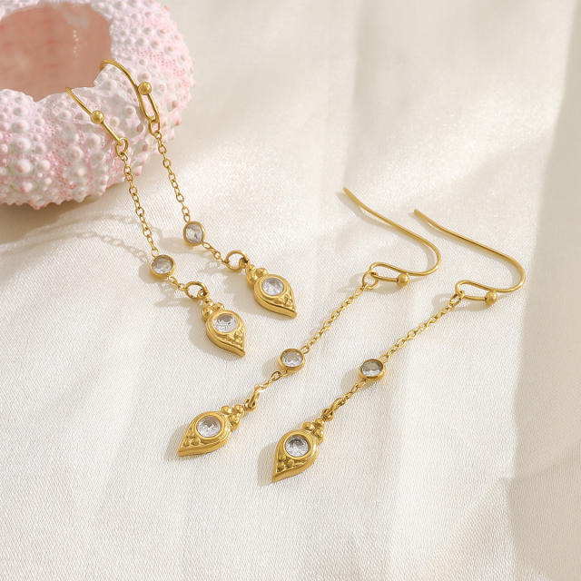 Delicate oval cubic zircon inlaid stainless steel earrings long earrings