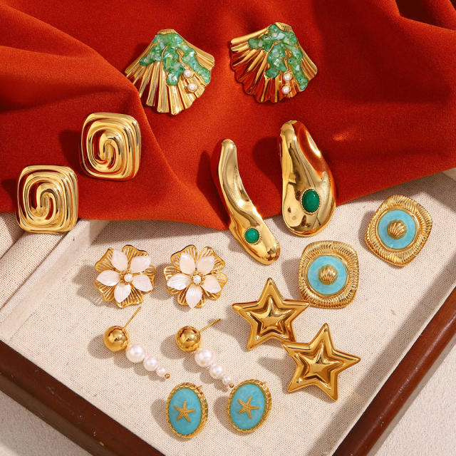 Stainless Steel Plated 18K Gold Drop Oil Shell Pearl Flower Five-pointed Star Earrings