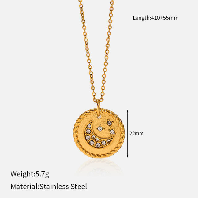 Hot sale diamond moon star geometric pendant stainless steel necklace