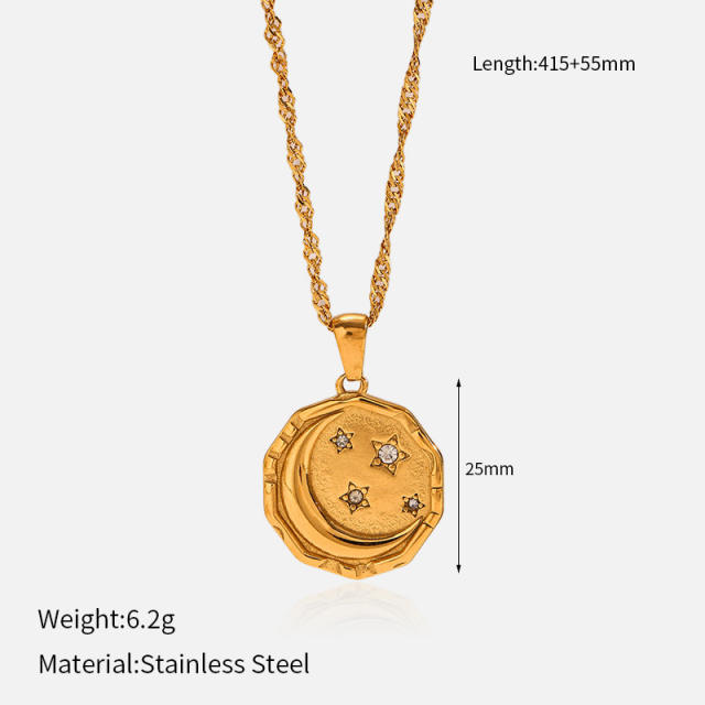 Hot sale diamond moon star geometric pendant stainless steel necklace