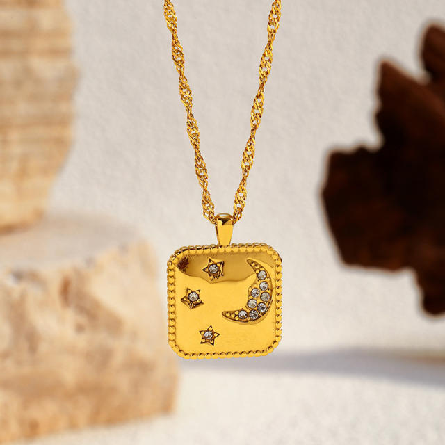 Hot sale diamond moon star geometric pendant stainless steel necklace