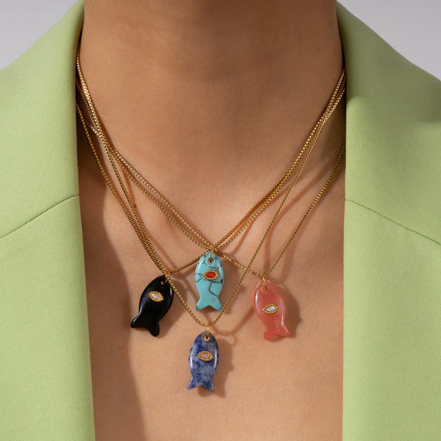 Summer ocean natual stone fish pendant stainless steel necklace